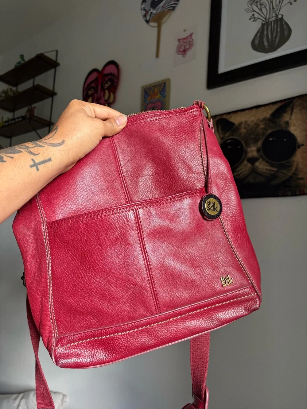 The Sak Cherry Red Leather Backpack Crossbody
